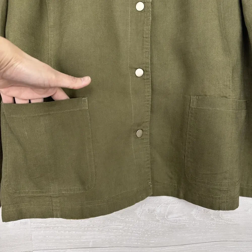 Chico's 100% Linen Jacket Plus Size 20-22‎ Reversible Floral Olive Green Pockets - Picture 5 of 16